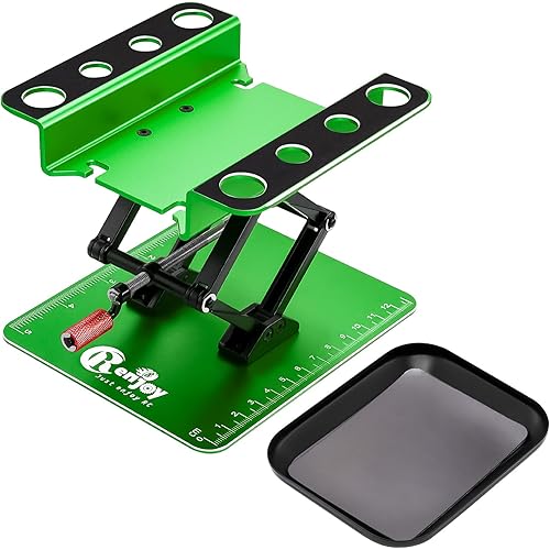 RC Car Work Stand Aluminum Repair Workstation Lift Lower with Screw Tray for Traxxas TRX4 Axial Arrma Redcat Losi 1/8 1/10 1/12 1/14 1/16 1/18 1/24 RC Car Tool Set (Green)