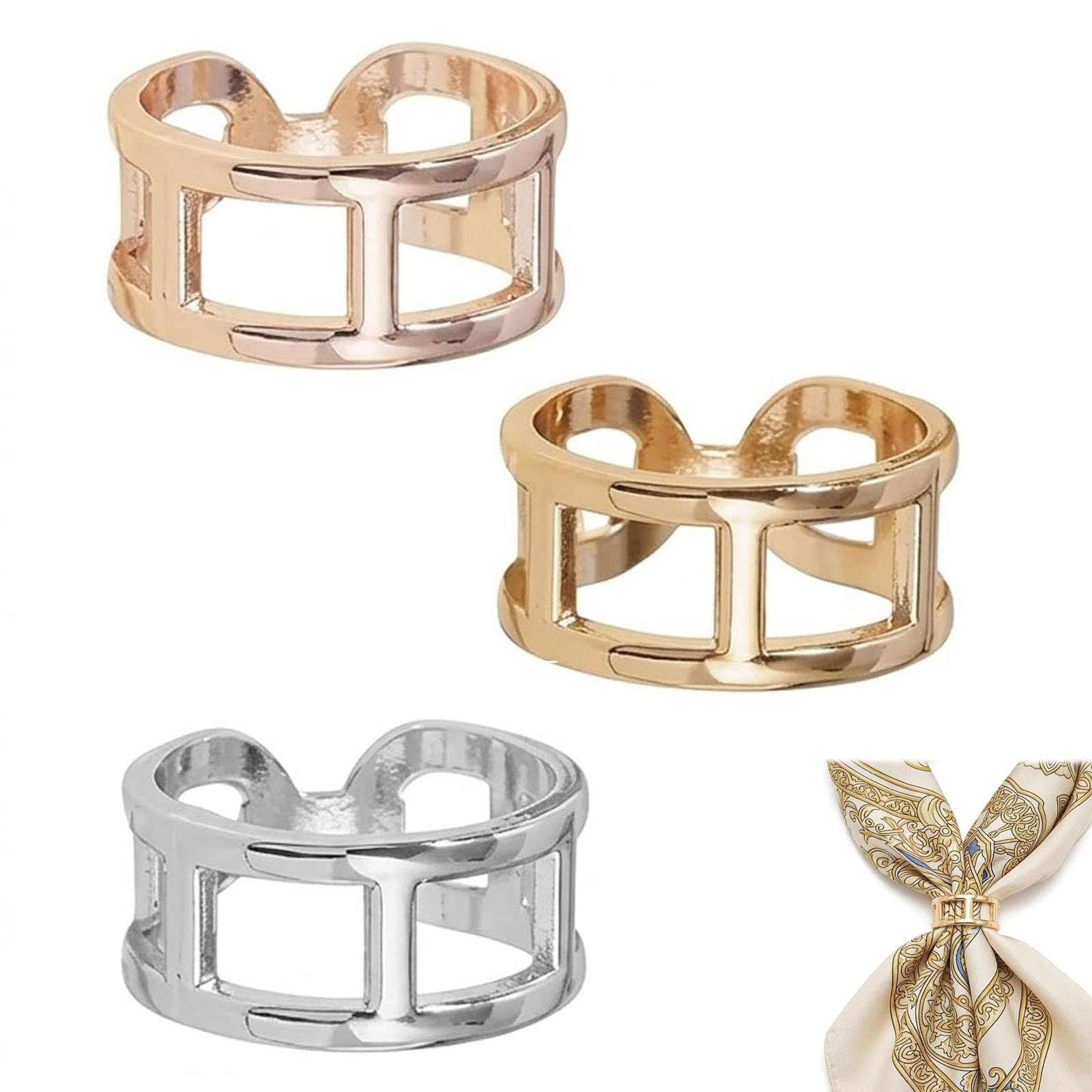 3Pcs Hijab Pins for Scarf, Elegant Scarf Ring and Scarf Clip Set for Women, Multi-Functional Accessory to match clothes, 3-Piece Rings in Gold, White and Rose Gold-image-26