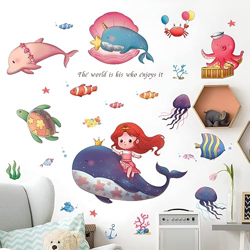 Miniatura 5 de Under The Sea - Calcomanías de pared para niña, ballena, delfín, tortuga, calcomanías de pared para niños, baño, dormitorio, decoración de guardería