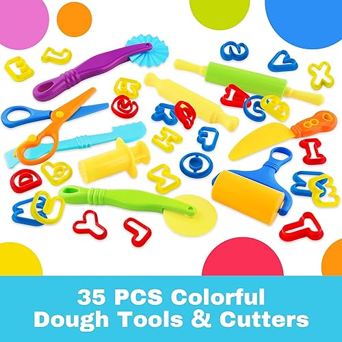 Miniatura 2 de 35 herramientas de masa para niños, accesorios de arcilla con rodillos, cortadores de cartas, rodillo, tijeras de seguridad, cuchillo de plástico