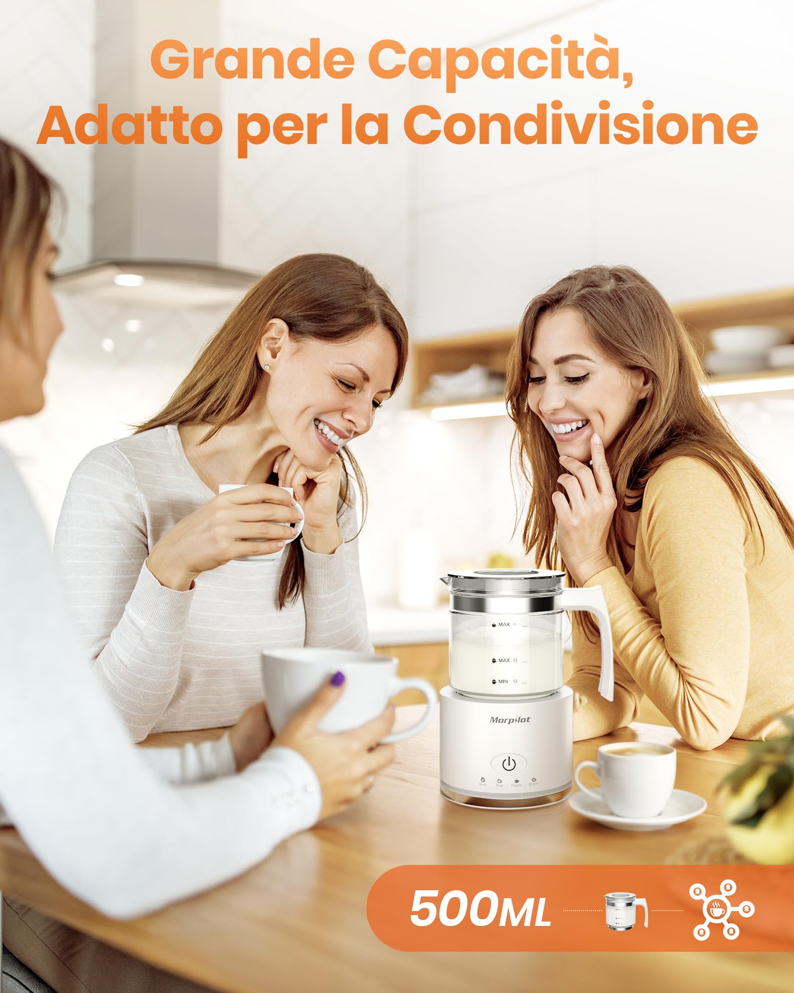 Morpilot Milk Frother, Montalatte Elettrico in Vetro, 4 in 1 Funzione, Bello da Vedere, Capacità 250ml per Schiumare o 500 ml per Riscaldare, Design Diviso, Bianco