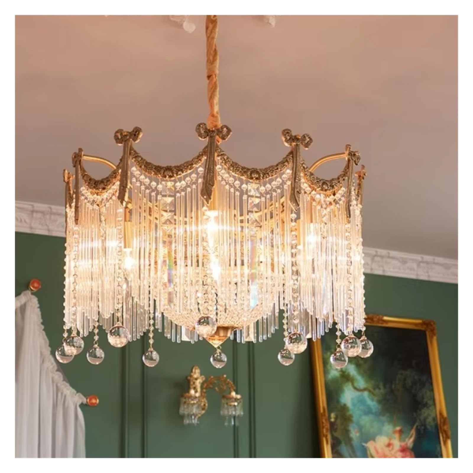 ZTCHSENZT French Copper Crystal Lamp European Retro Ceiling Chandelier Villa Living Dining Room Bedroom Pendant Lamp,Cold White-D80xH52cm