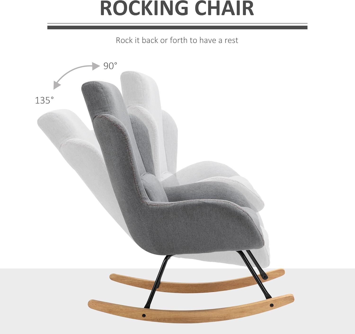 HOMCOM Modern Rocking Chair with Removable Lumbar Pillow Fabric Sofa Armchair with Thick Padding, Metal Frame, Wood Base for Living Room, Light Grey