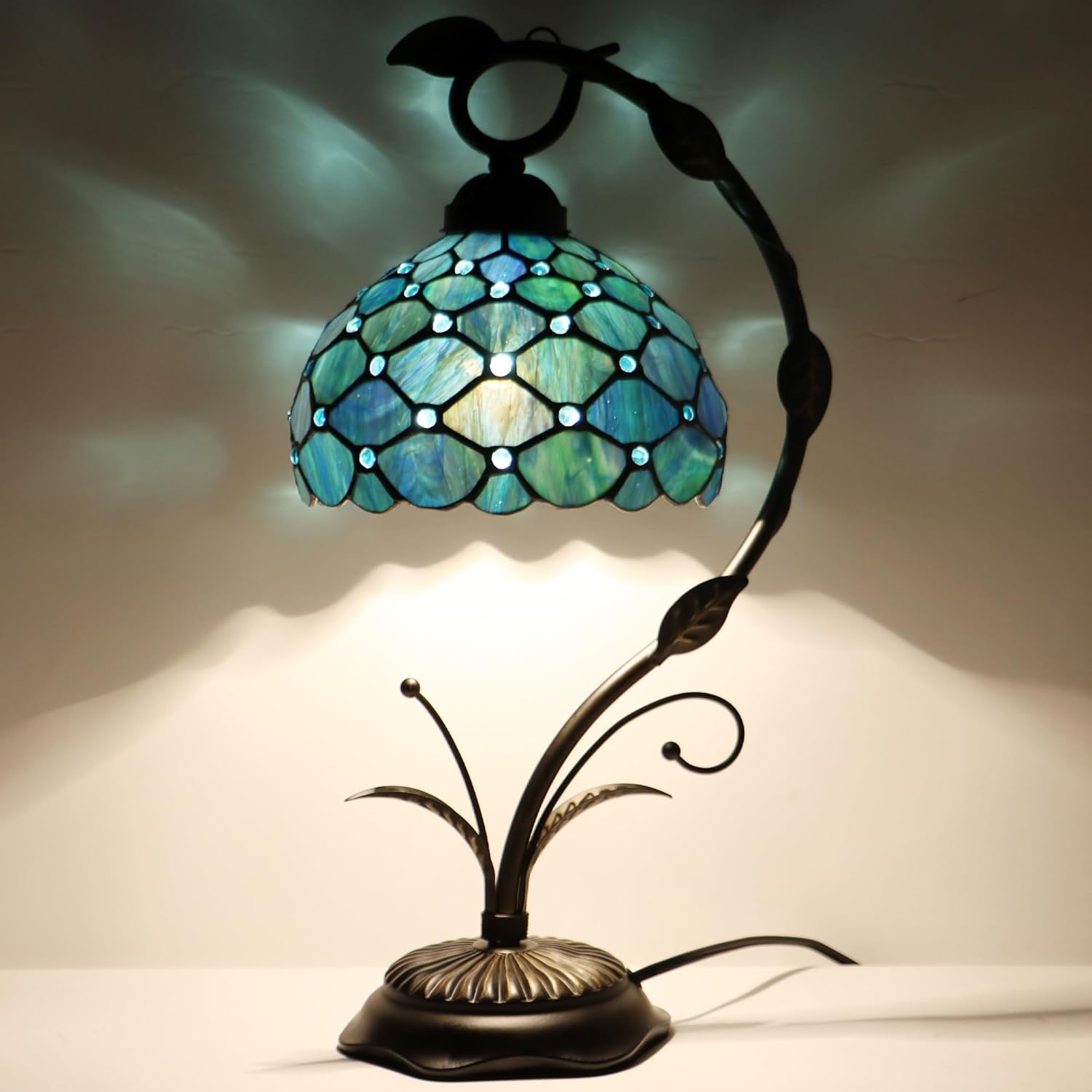 Tiffany Table Lamp, Stained Glass Desk Reading Light, 8X10X19 Inches, Metal Leaf Base (Sea Blue Pearl Style)