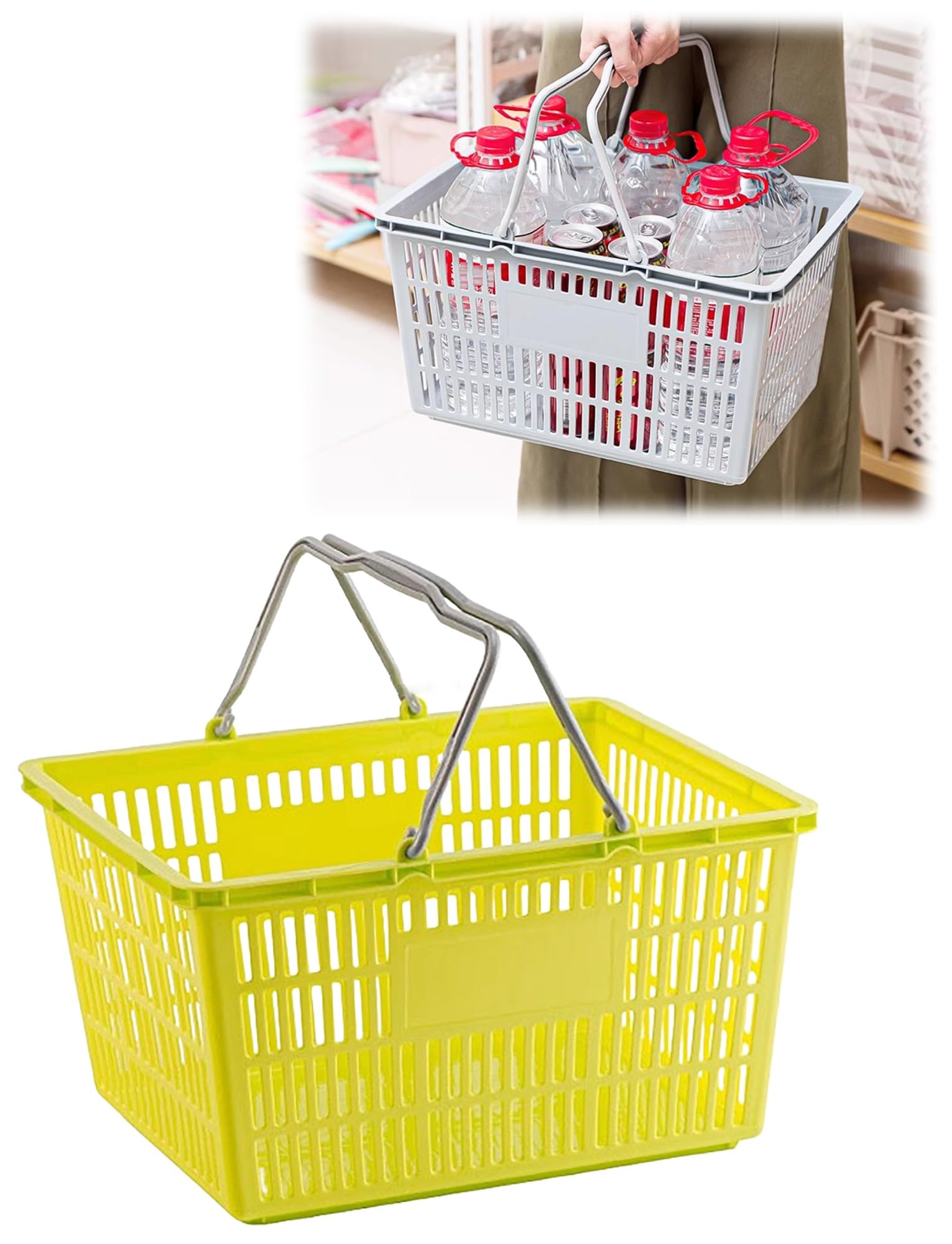 Cesti per la spesa in plastica, confezione da 5 pezzi, con manici, resistenti, per forniture al dettaglio, ideali per latte e uso sul mercato, 39,9 x 28 x 21,1 cm
