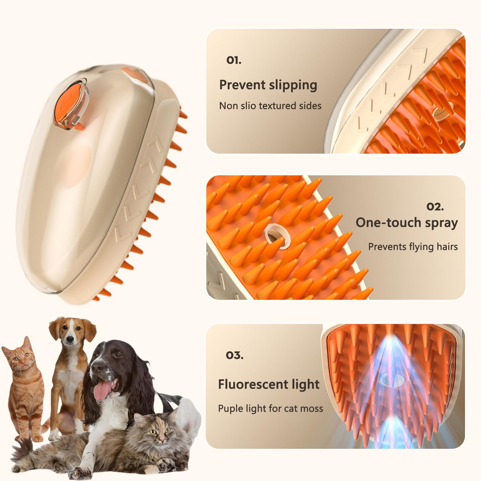 Cat Steam Brush,4 in 1 Cat Grooming Supplies, Portable Pet Hair Removal Tool for Cat and Dog, Self Cleaning Steam Brush for Massage, Clean and Removing Loose Hair (Upgraded version (massage version)) 3