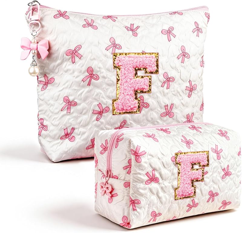 Necessaire de maquiagem acolchoada Giftota com laço e inicial, pacote com 2