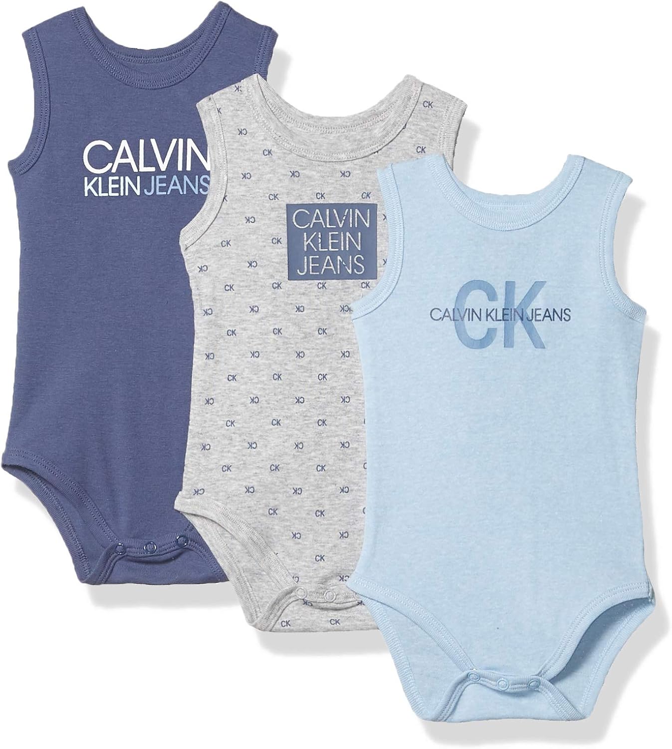 Calvin Klein baby-boys 3 Pieces Pack Bodysuits 3-6 Months Light Blue/Navy/Grey