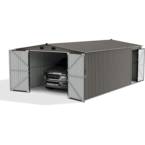 Sunjoy Outdoor Storage Shed 13 x 20 ft. Carport, Patio Metal Utility Large Storage Shed Garage with 2 Doors and 4 Vents, for Car, Truck, Bike, Garbage Can, Tool, Lawnmower, Light Grey