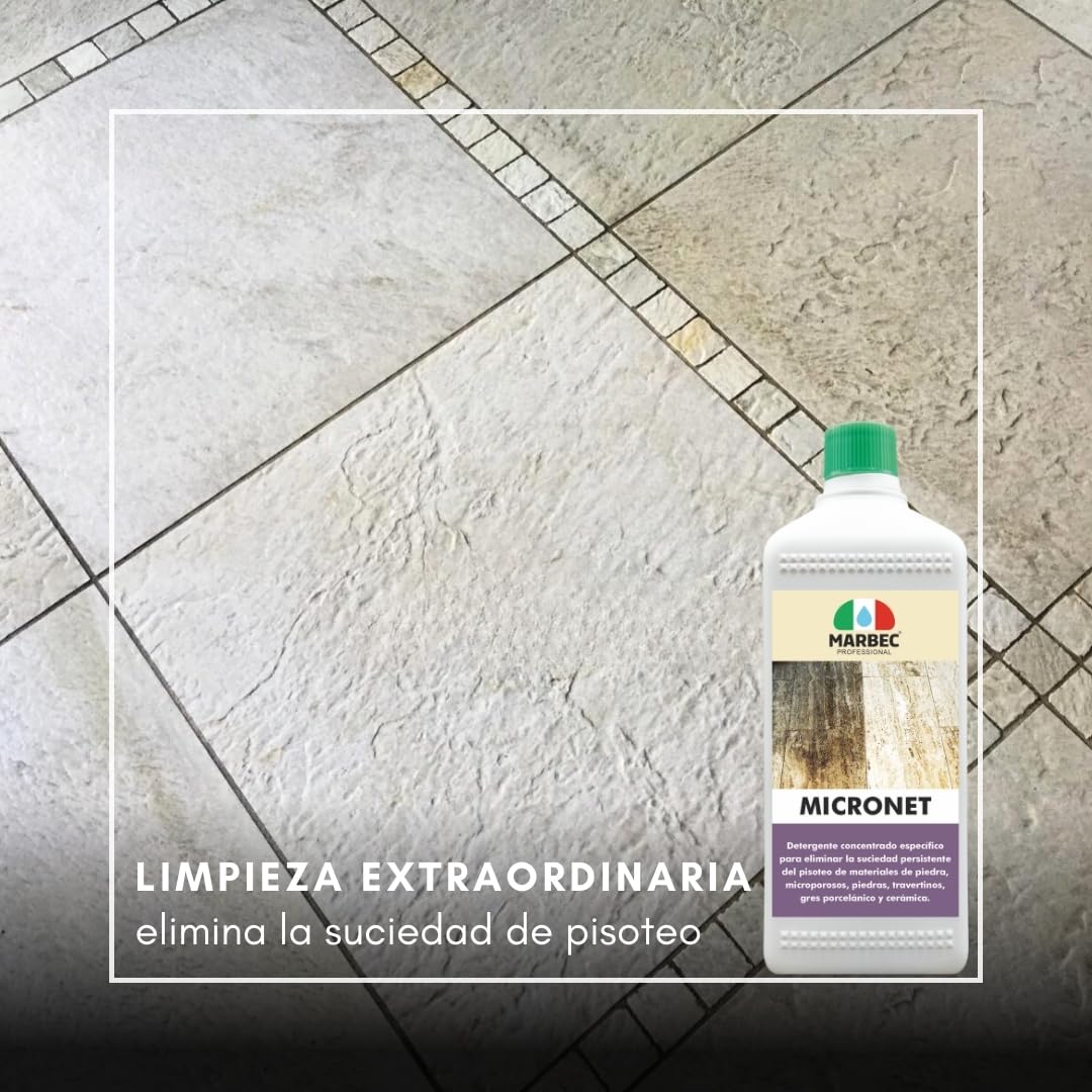 MARBEC MICRONET 5LTX4PZ Detergente específico para eliminar la suciedad de tráfico en materiales líticos microporosos, como piedras, travertinos y gres porcelánico.