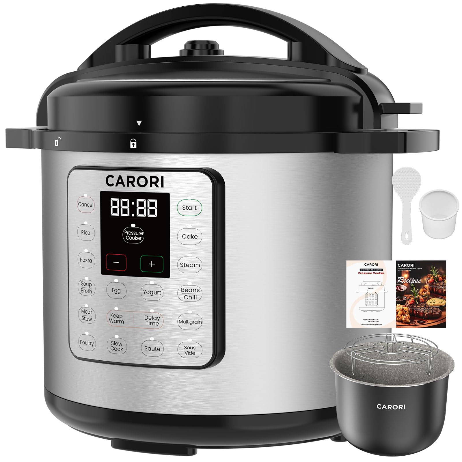 CARORI 8Qt 12-in-1 1200W Stainless Steel Pressure Cooker,Quick Meals, Time-Saving, Healthy, Convenient &amp; Efficient - with Safer Venting &amp; Recipe Book, Silver