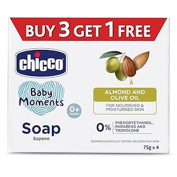Chicco Baby Moments Soap 75g Buy 3 Get 1 Free For Nourished & Moisturised Skin With Natural Care of Almond & Olive Oil - image, photos