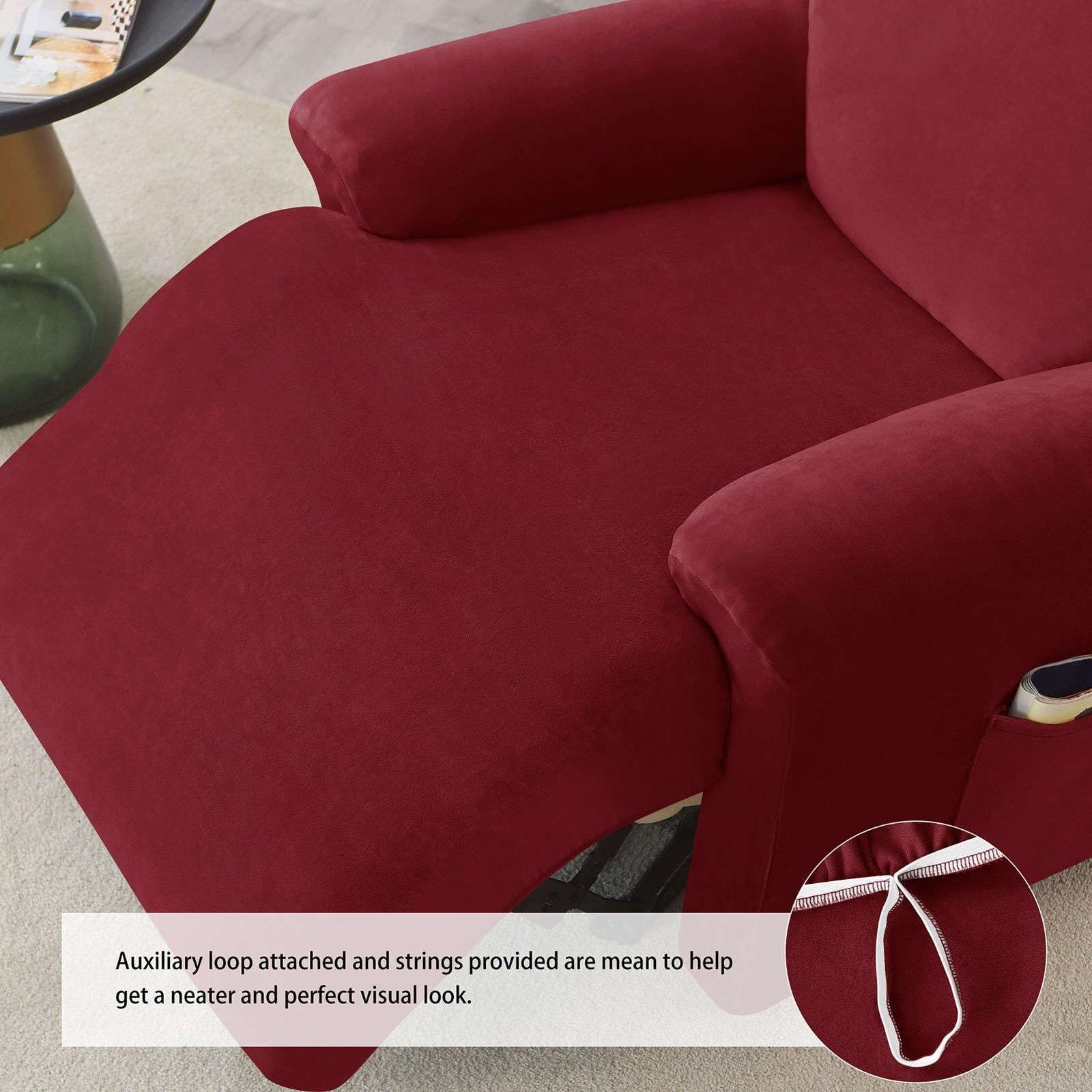 Housse de Fauteuil inclinable en Velours Extensible, 4 pièces, Housse de Protection Souple et antidérapante avec Poche latérale, for Salon, Couleur foncée(Wine Red)