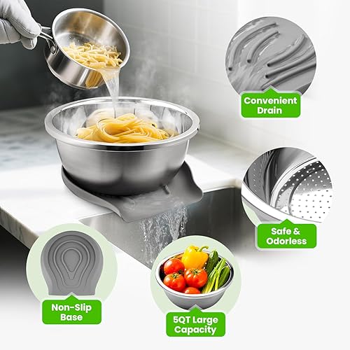 Miniatura 7 de Colador de acero inoxidable 304 con base autodrenante de silicona de grado alimenticio, colador Coinicxcel de 5 cuartos para cocina, colador de