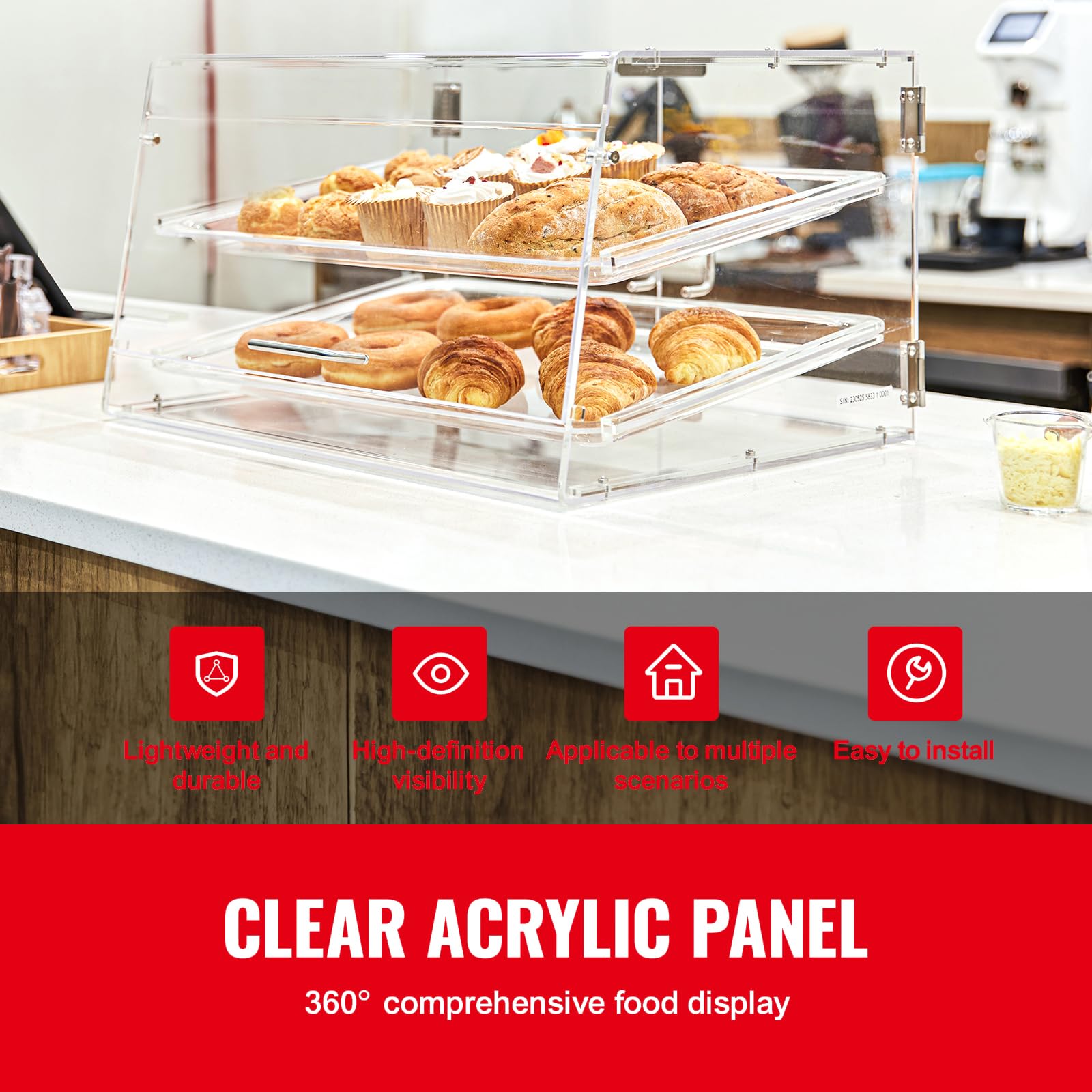 Happybuy 2-Tier Pastry Display Case, Commercial Acrylic Countertop Showcase, Removable Shelves & Rear Door Access for Donuts, Bagels, Cakes, Cookies, 20.7