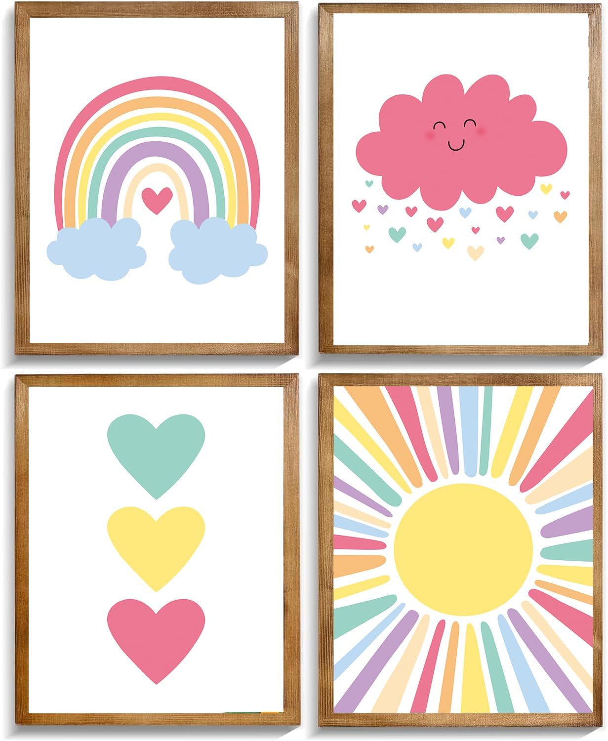 Framed Girls Rainbow Canvas Wall Art Set of 4 Pink Nursery Wall Decor Art Prints,Colorful Sun Clouds Hearts Art Posters for Classroom Kids Room Baby Room Bedroom Dorm Decor (8’’X10'' inch)