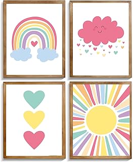 Pink Nursery Canvas Wall Art Rainbow Art Poster,Boho Rainbow Sun Hearts Canvas Wall Art,Kids Bedroom Baby Girls Toddler Pastel Wall Print for Classroom School Nursery Decor Set of 4(8x10Unframed