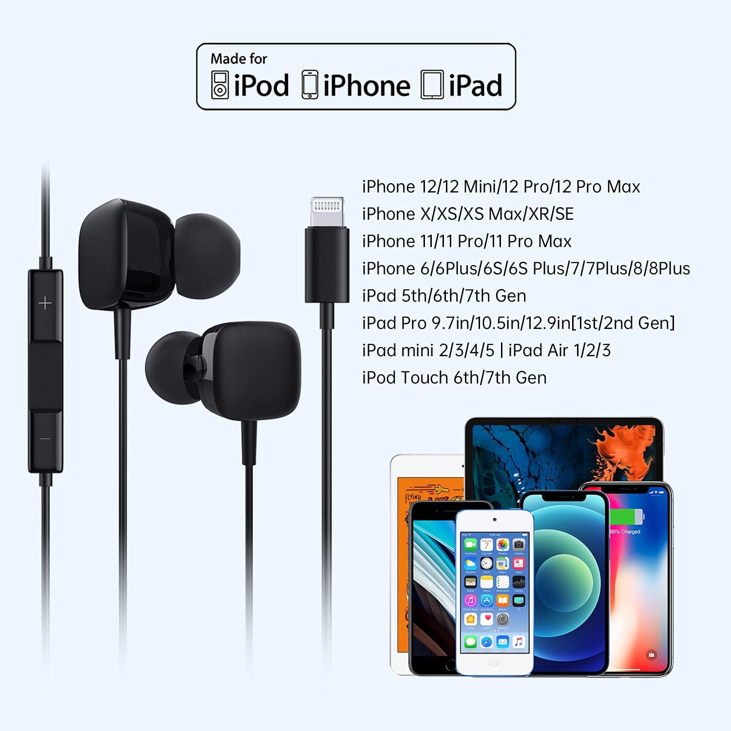 Meifox Lightning Earbuds, iPhone Wired Headphones with Microphone & Volume Control, MFi Certified Noise Isolation Earphones, Headphones for iPhone 13/12/11 Pro Max X XS XR 8P 7P (Black)