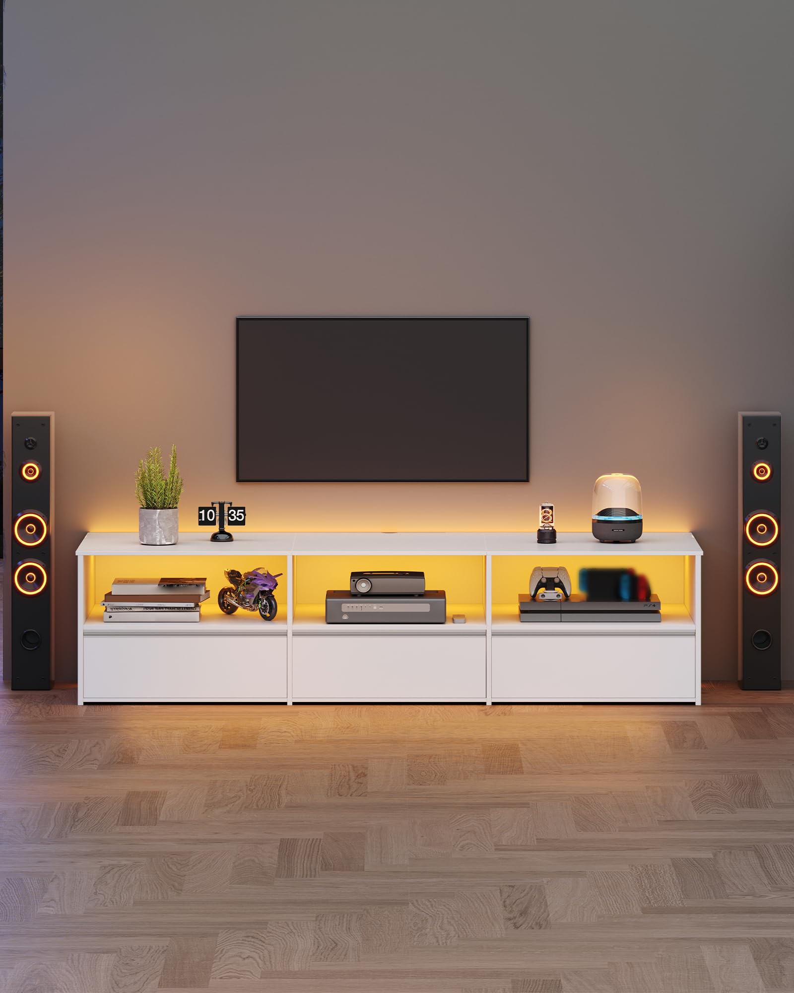Hzuaneri Meuble TV avec LED RGB, Blanc, 180 cm de Long Banc TV | Adapté aux TV de 80 Pouces et Moins, Doté de 3 Tiroirs et d'un Range Ouvert, Idéal pour le Salon, la Chambre, TV18703WEU