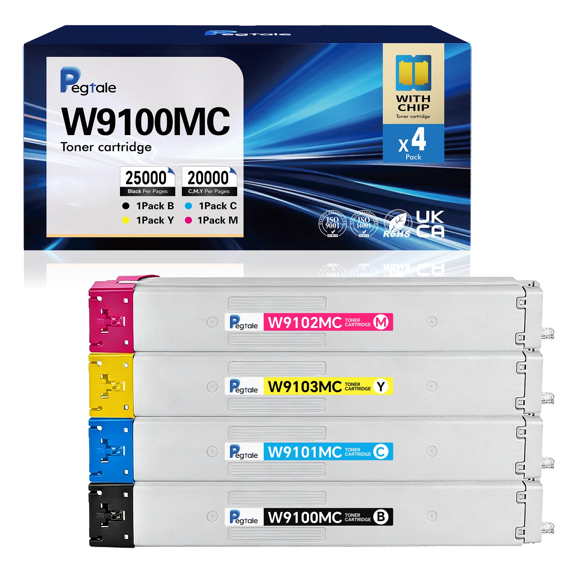 Pegtale W9100MC Extra High Yield Toner Cartridge Replacement for HP W9101MC W9103MC W9102MC, 4 Pack, Compatible for HP E77428dn E77422dn E77422dv E77422a Printers (1BK/1C/1M/1Y)