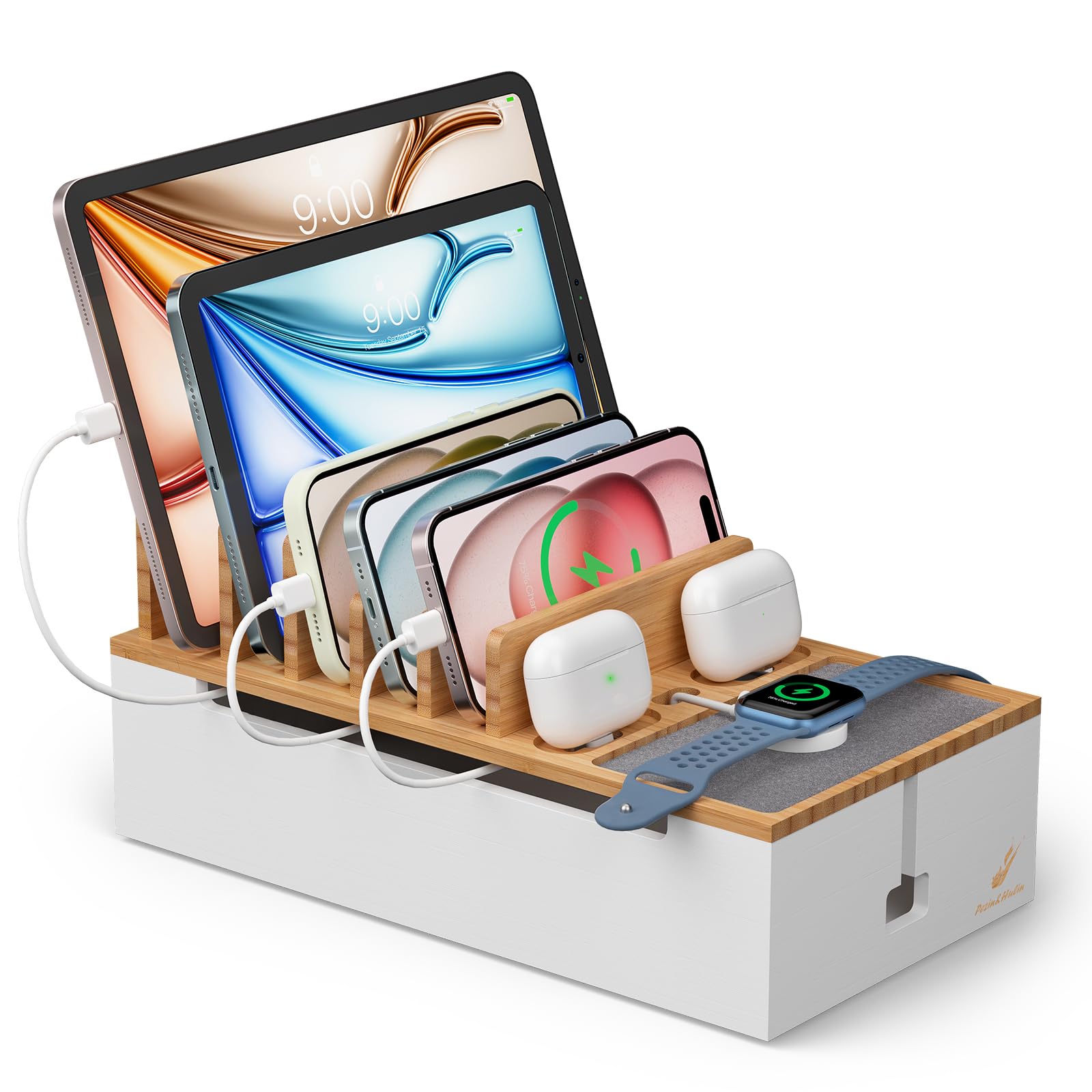 Pezin & Hulin Bamboo Cable Management Box, Wire Organizers for Cords, Charge Station Box, Desktop Dock Organizer Rack for Electronic Device (Include 6