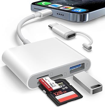 AkHolz SD Card Reader for iPhone iPad Built-in Lightening & USB-C Dual Connectors Card Adapter with SD MicroSD USB-A 3 Slots Trail Camera Memory Card Viewer, Portable No App Required Plug and Play