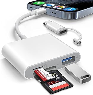 SD Card Reader for iPhone iPad Built-in Lightening & USB-C Dual Connectors Card Adapter with SD MicroSD USB-A 3 Slots Trail Camera Memory Card Viewer, Portable No App Required Plug and Play