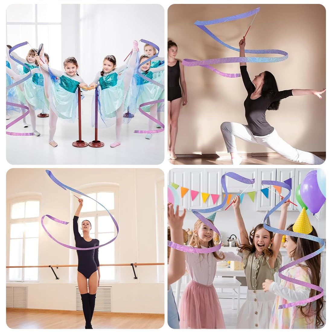 4 Pezzi Nastri da Ballo 2m Nastro da Ginnastica Ritmica con Bacchetta Ginnastica Glitterati Nastri da Danza per Talentshow Allenamento Artistico di Danza(Colorato+Rosa Viola)