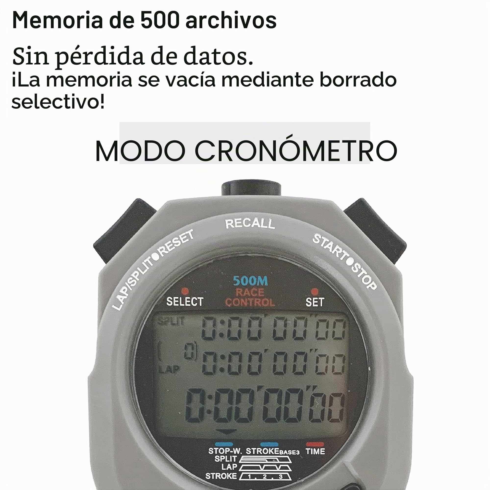 Cronómetro STOPTEC 496 | Pantalla de 3 líneas | Memoria 500 | Medición del número de golpes | Control de carrera | Hora y fecha | Resistente a salpicaduras | Fácil cambio de batería