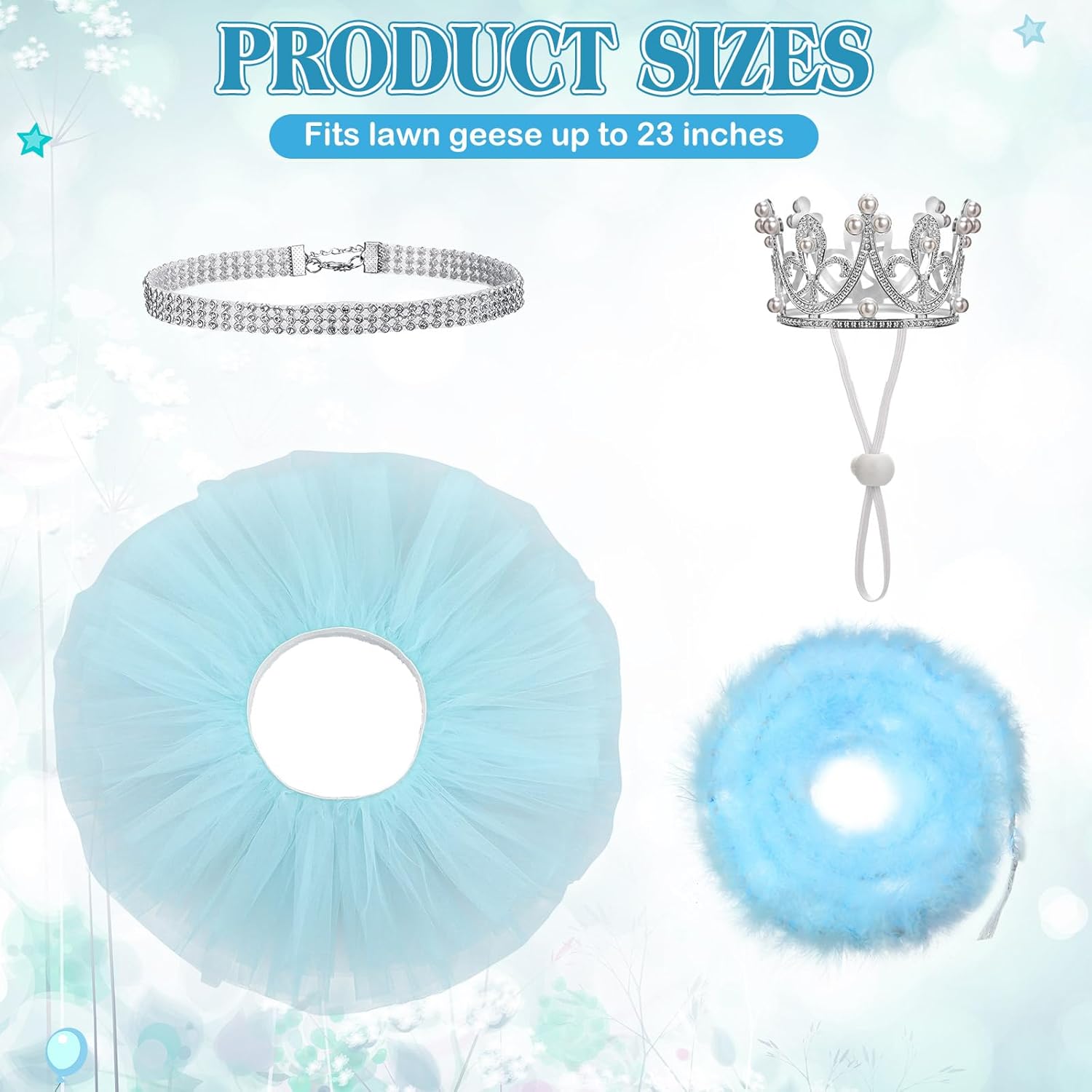 4 Pcs Princess Porch Goose Outfit for 23" 17" Cement Lawn Goose Costume Crown Necklace Tutu Skirt Feather Trim for Princess Outdoor Garden Lawn Art Decor(Blue) - Image 2