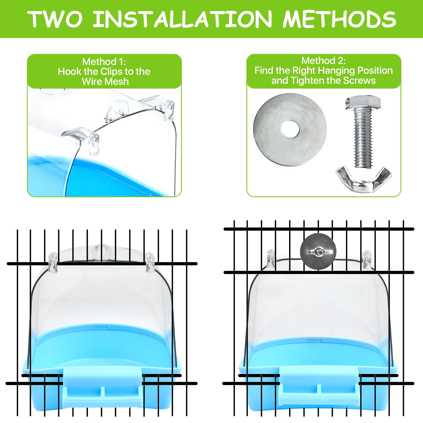 Supkiir 4Pcs Clear Bird Bath for Cage, Parakeet Bath Cage Accessories with Water Injectors, Hanging Bird Bath Box Parrot Bird Bathing Tub for Small Birds Cockatiel Conure Canary Budgies - image 3