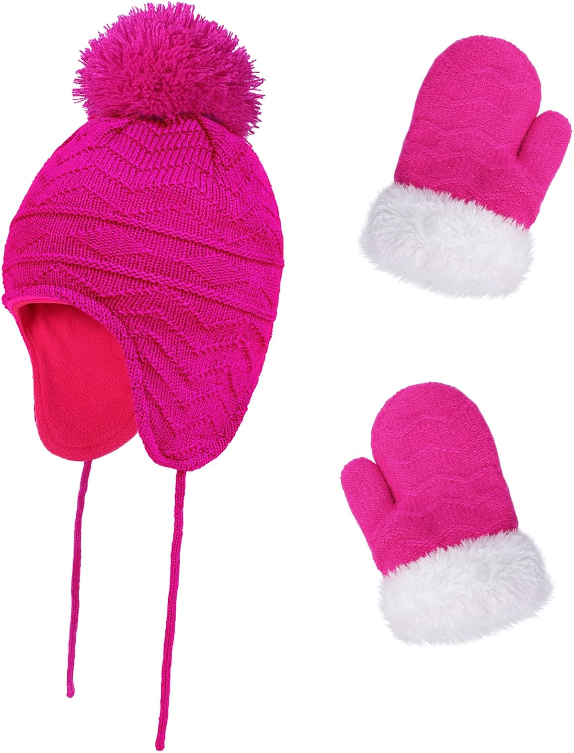Kids Winter Beanie Hat Mittens Set Warm Fleece Hat Baby Toddler Knitted Hat & Gloves for Boys, Girls
