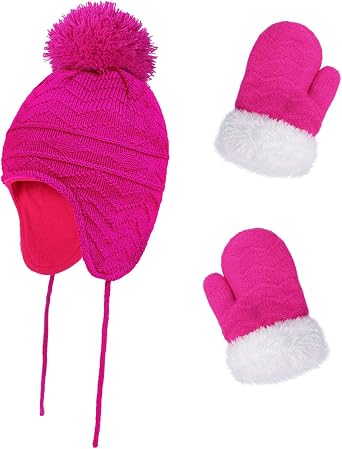 Kids Winter Beanie Hat Mittens Set Warm Fleece Hat Baby Toddler Knitted Hat & Gloves for Boys, Girls