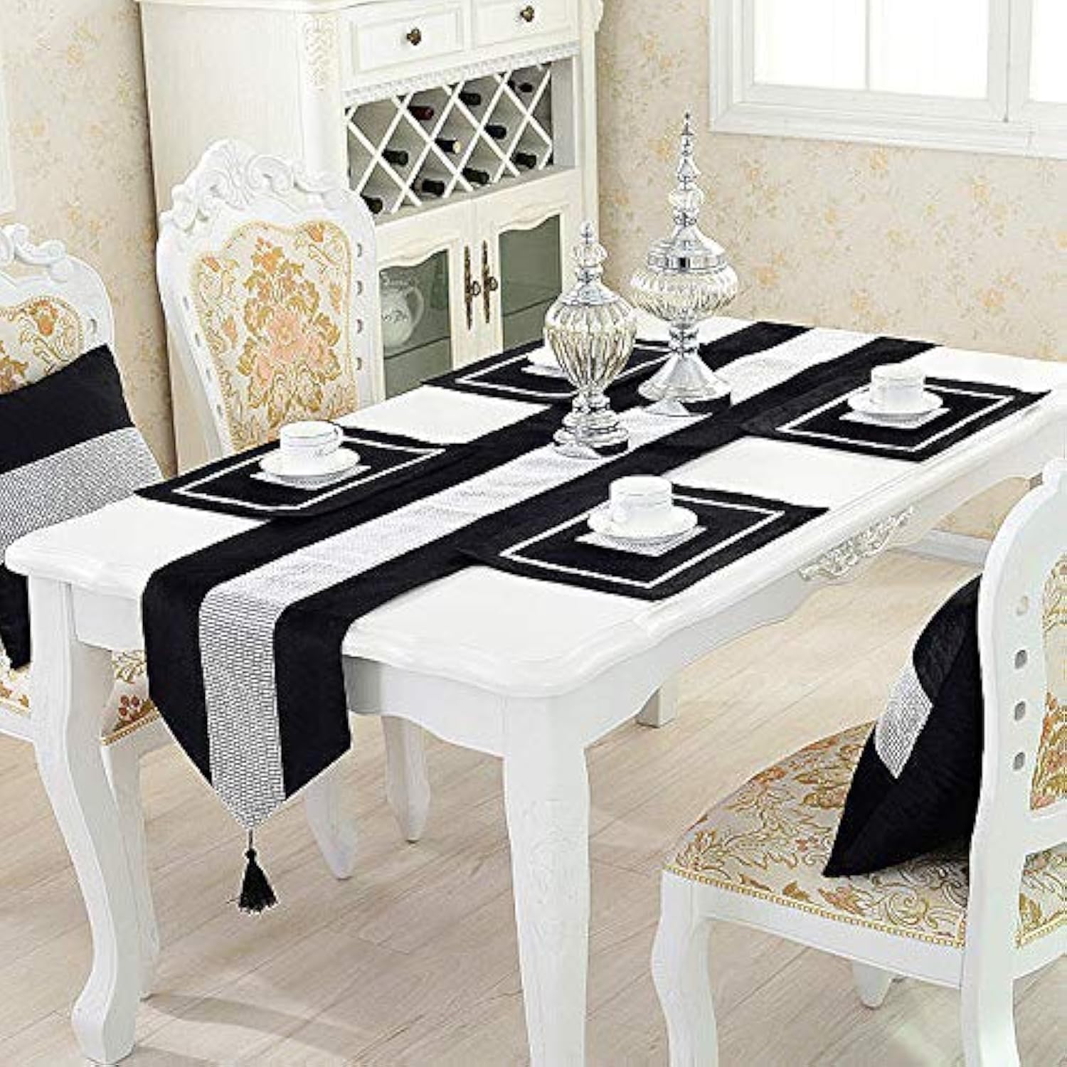 HeMiaor 13x98 inches Wedding Elegant Tassel Sequined Rhinestones Table Runner Sparkly Table Covers with Diamante Strip and Tassels, Grey