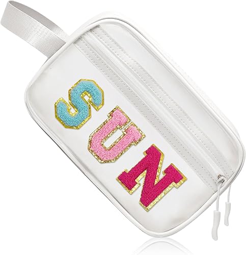 Miniatura 12 de COSHASYOO - Bolsas de maquillaje transparentes con correa de chenilla con parche de letras para cosméticos, bolsa pequeña y bonita para artículos