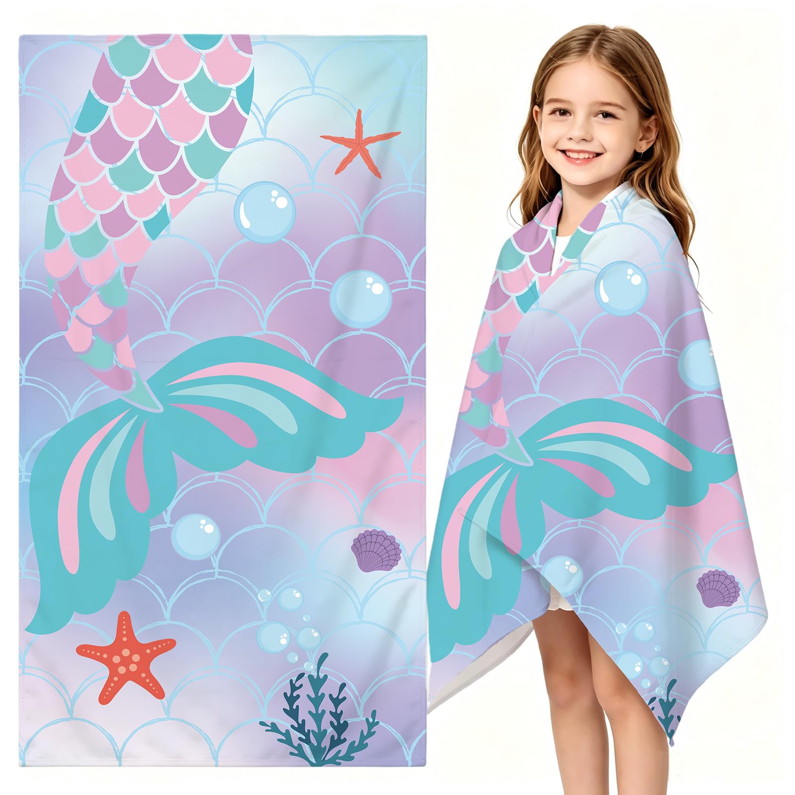 Caregchrisj Kids Beach Towel With Pockets - 80x150cm Mermaid Microfibre Towel Quick Dry, Sand Free, Compact, Lightweight For Pool, Camping & Travel, Super Soft Beach Towels