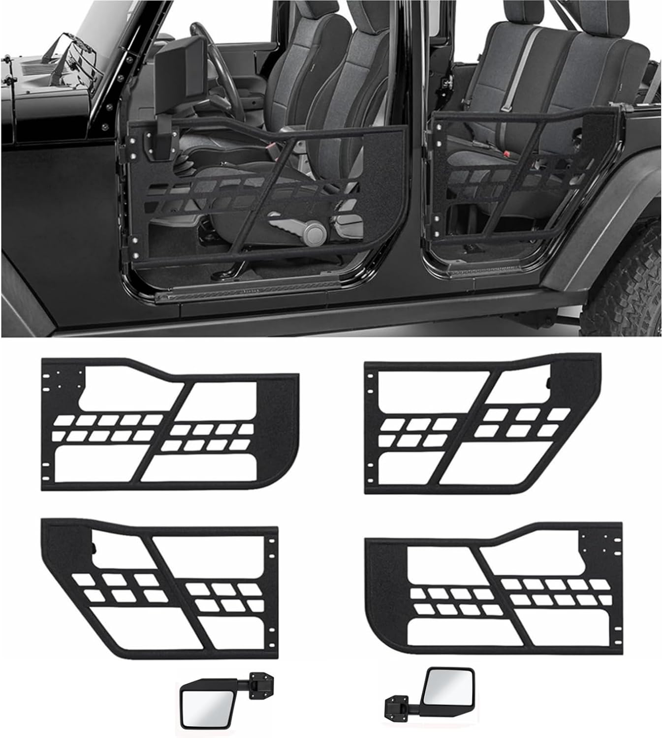 Off-Road Safari Tubular Doors with Side View Mirror Compatible with 2018-2025 Wrangler JL 4 Door - Set of 4 Fat Tube Half Doors for Adventure