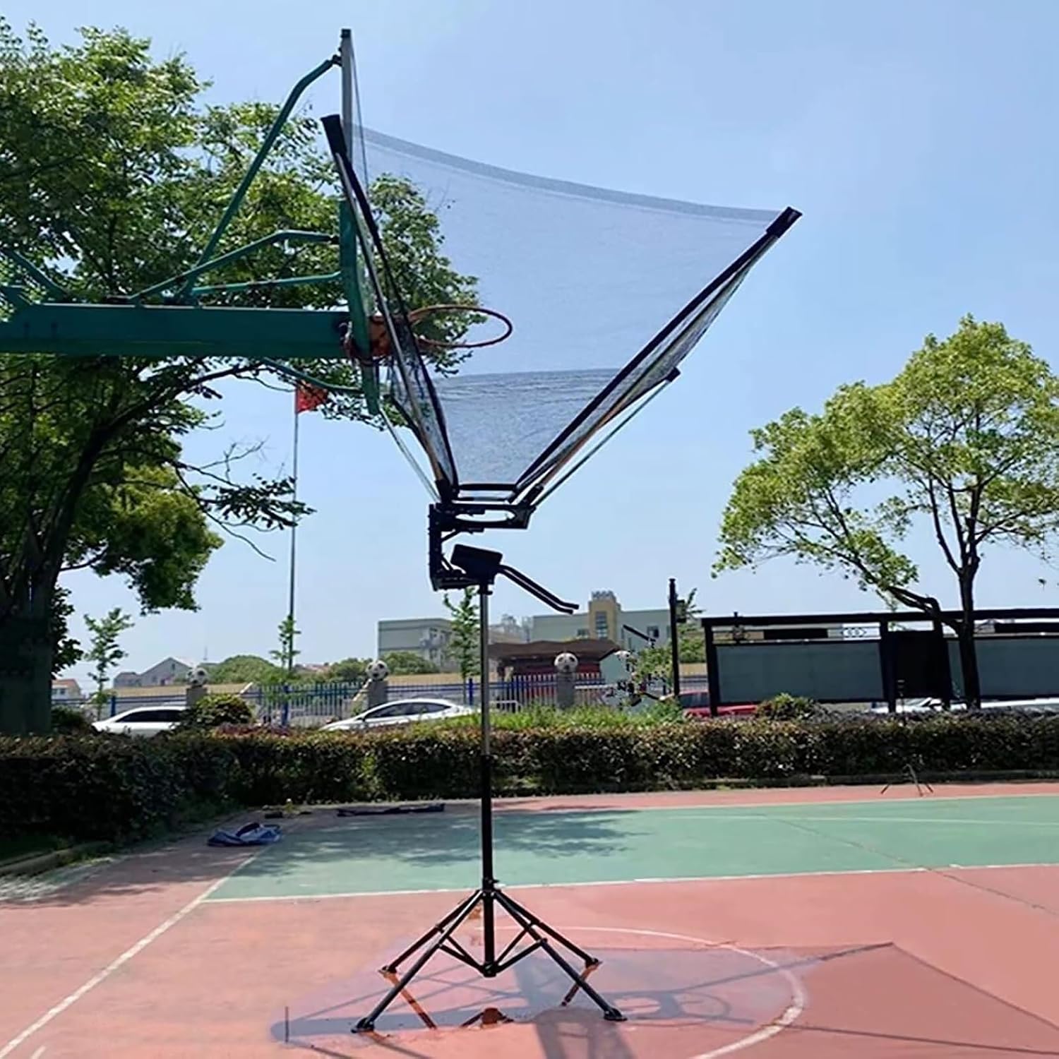 Adjustable Hanging Basketball Return Net, 180° Rotatable Shot Rebounder Trainer with Metal Frame for Indoor/Outdoor Hoops