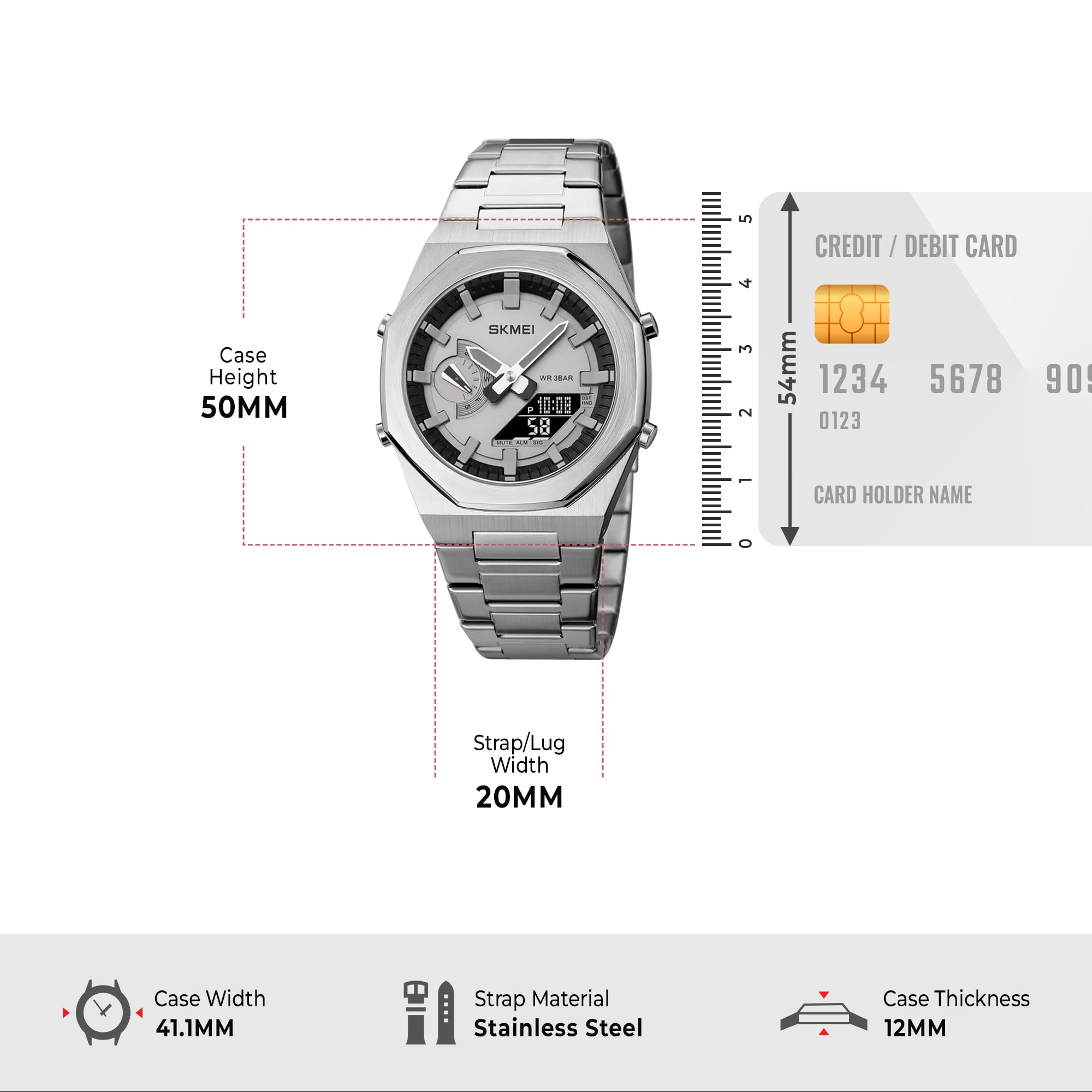 SKMEI Orologio da uomo elettronico a doppio display con luminoso, impermeabile fino a 50 m, orologio sportivo alla moda, multifunzione, 1816