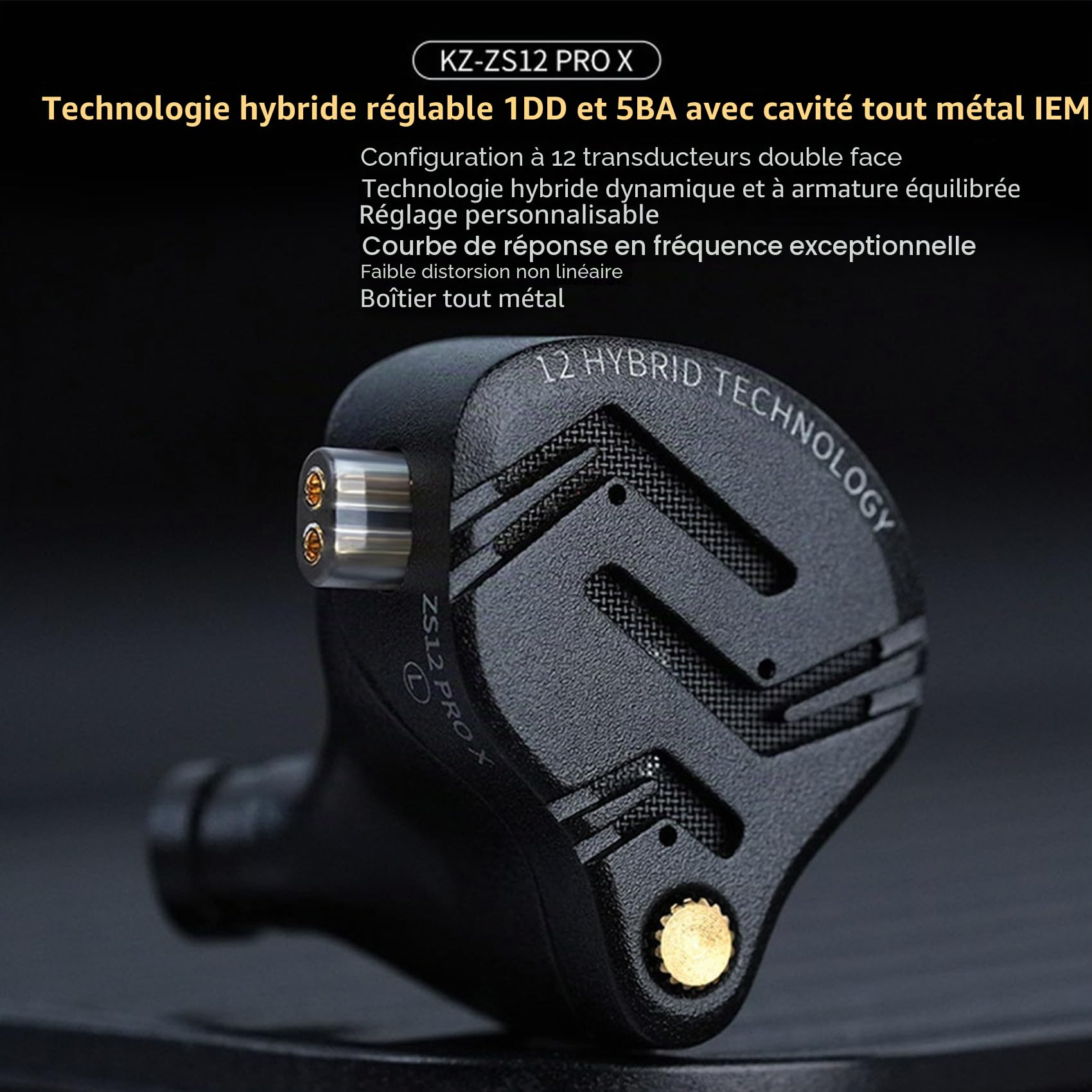 KZ ZS12 PRO X Écouteurs intra-auriculaires IEM, écouteurs de jeu filaires hybrides 1DD + 5BA, meilleurs in ear monitor avec câble 2 broches pour audiophile (Version accordable, sans microphone)