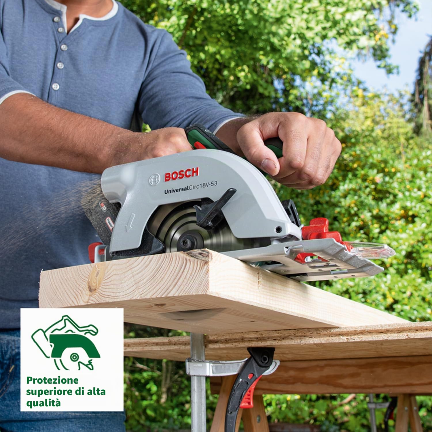 Bosch Sega circolare a batteria UniversalCirc 18V-53 (taglio preciso nel legno; profondità di taglio max. 53 mm; 18 Volt System; 1 batteria da 2,5 Ah e caricabatteria)