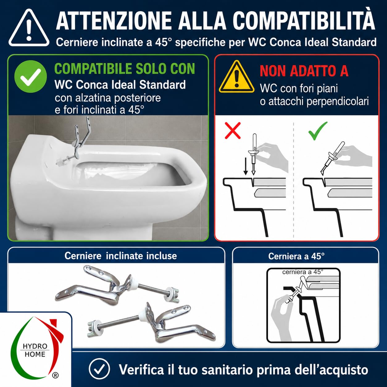 Copriwater compatibile Conca Ideal Standard Visone solo per WC con cerniere inclinate 45° – Sedile WC in legno rivestito in resina poliestere lucida