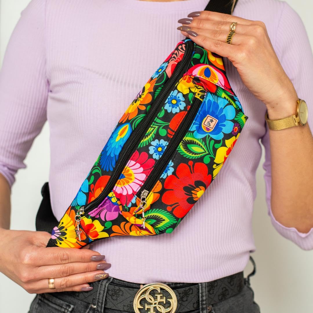 Torba nerka crossbody unisex z 2 kieszeniami na zamek błyskawiczny, kwiatowy wzór polski, pamiątka z Polski, Łowicz Czarny, One Size, Kwiatowy crossbody
