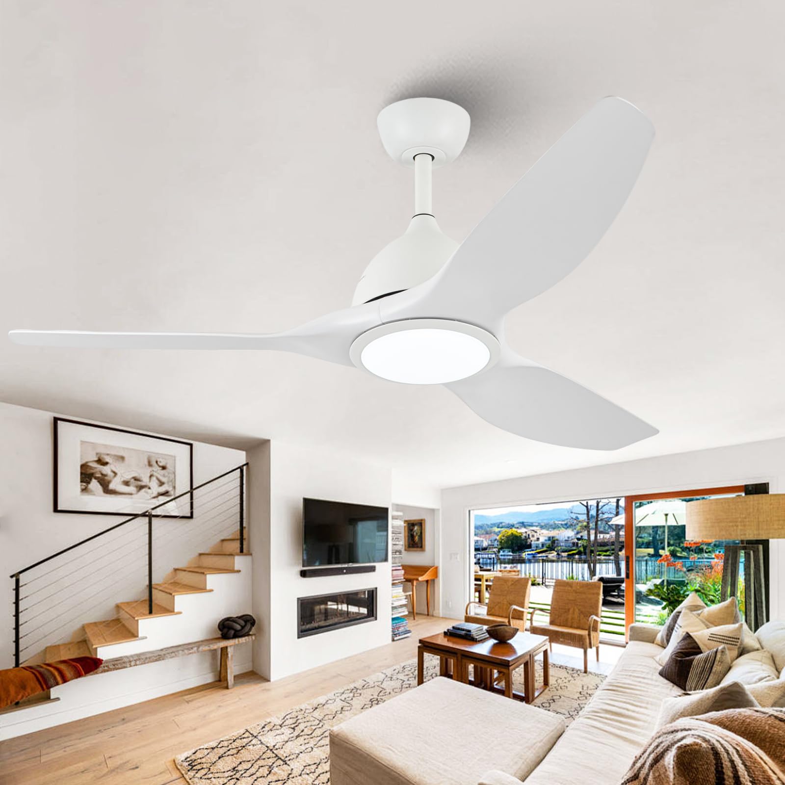 52 Inch White Ceiling Fans with Lights and Remote, Modern White Ceiling Fan with Light, Indoor & Outdoor Ceiling Fan for Bedroom Living Room Patio with 3CCT Dimmable, Quiet DC Motor, 6 Speeds