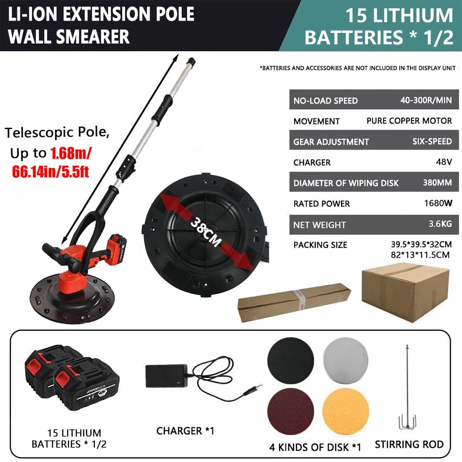 Elektryczna maszyna do wygładzania ścian, kielnia do betonu, tynkowanie, kielnie Narzędzia murarskie z akumulatorem, z pięcioma podkładkami szlifierskimi 15 ", do polerowania(2Battery)