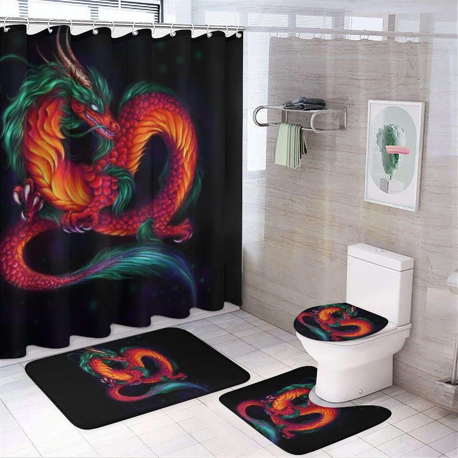 JZemdybill Bathroom Mat Set 4 Piece, Chinese Dragon Shower Curtain with Non-Slip Bath Mats for Bathroom