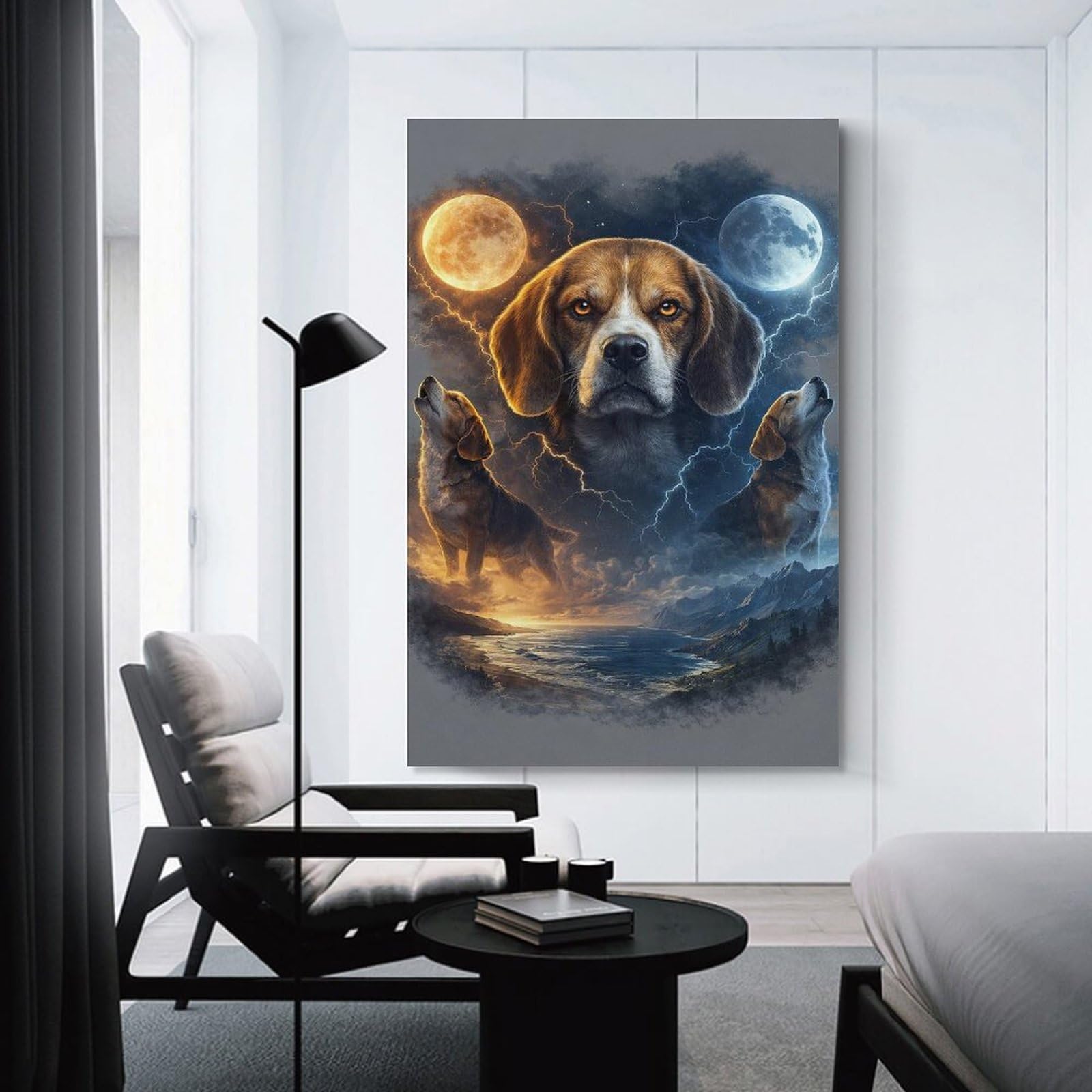 Junmoney Beagle Dogs Howling at Two Moons Canvas Art Print 24x36inch(60x90cm), for Bedroom Decor, Cosy Corners Or Studios, An Easy Wall Refresh for Bedrooms