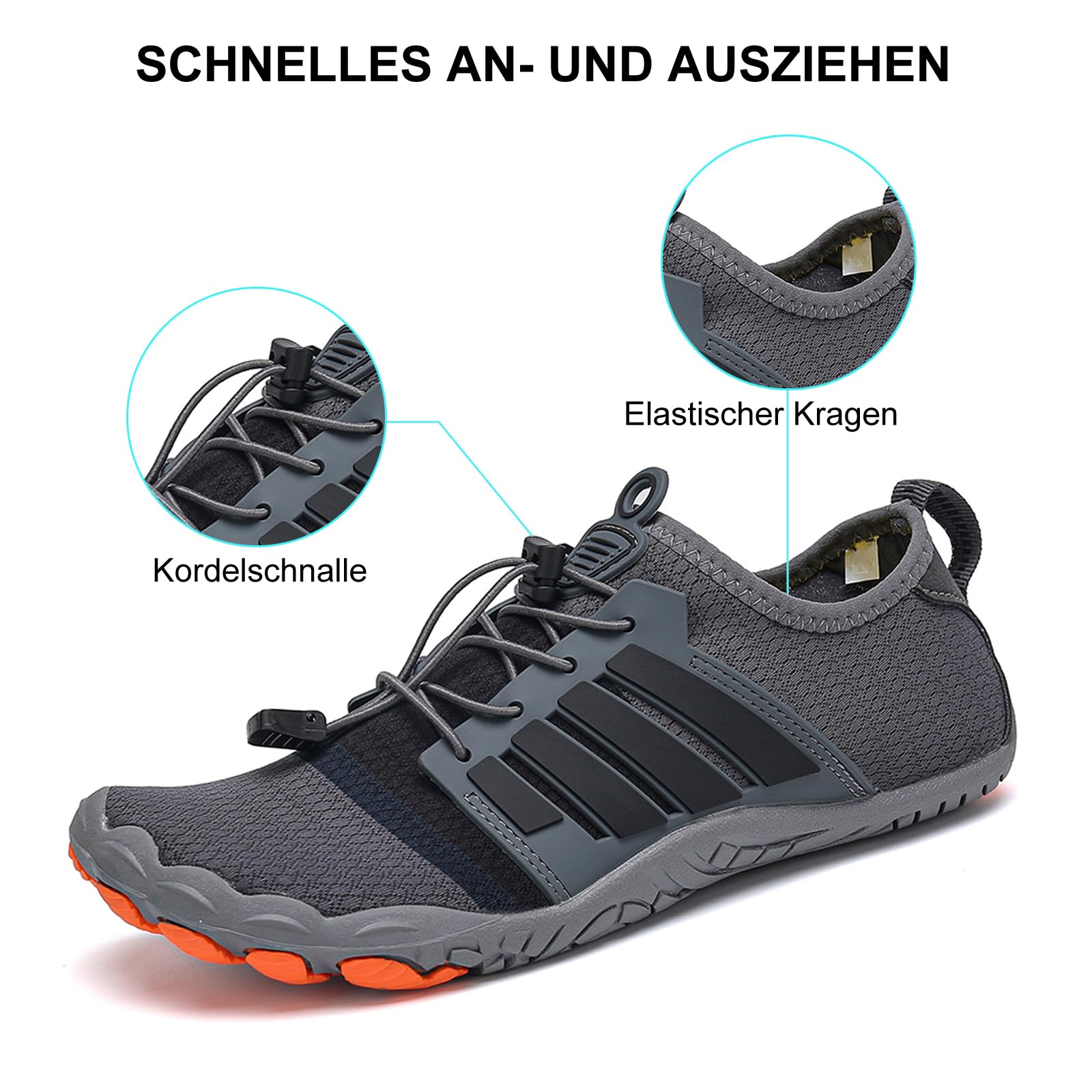 RUYI Unisex Barfußschuhe Damen Herren Traillaufschuhe, Weich Leicht Fitnessschuhe mit rutschfest Sohle & Breiter Zehenbox, Schnell Trocknend Badeschuhe, A35 Grau, 40 EU