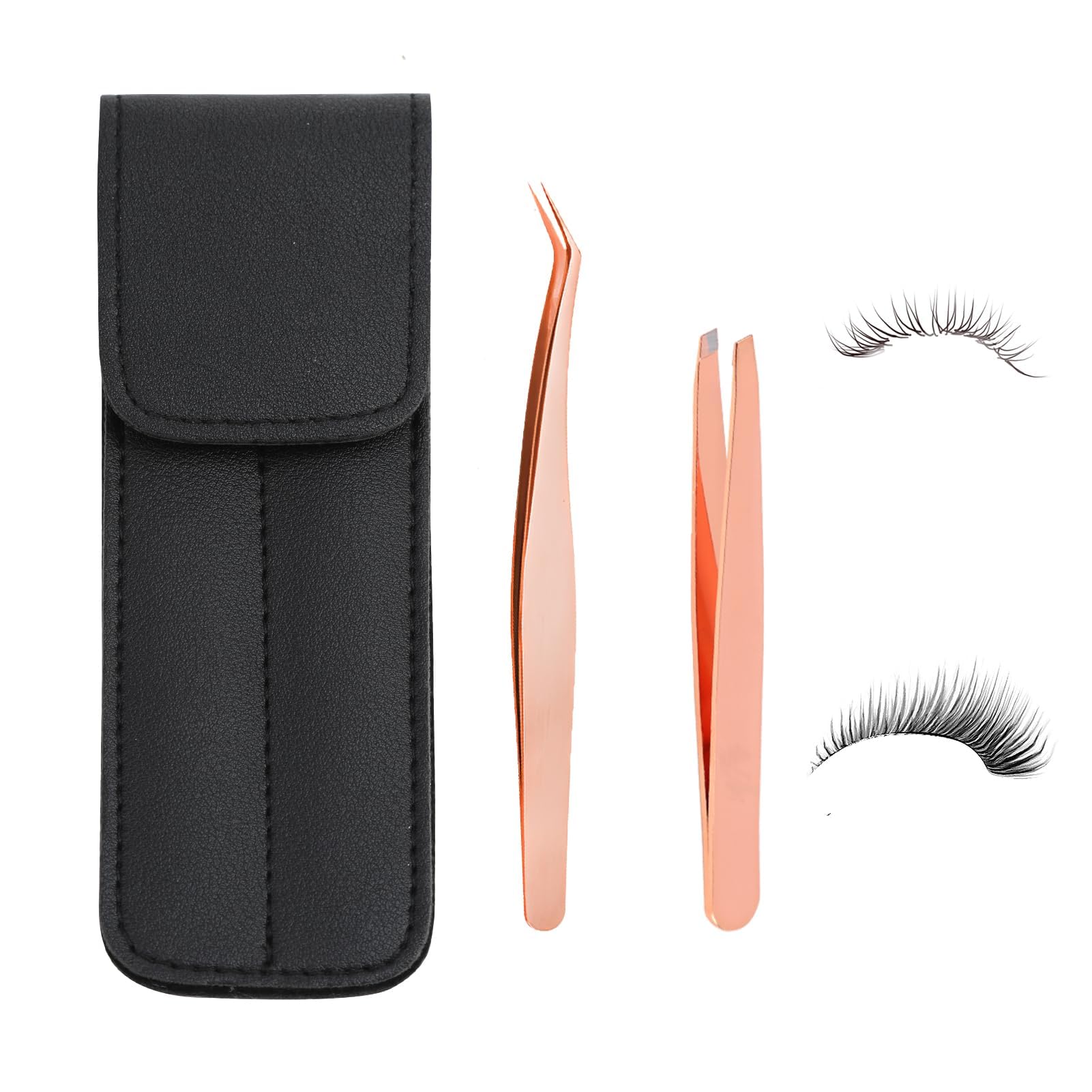 Zuroki 2 pcs Pinzas para Pestañas, Oro Rosa, Pinzas de Cabezas Planas y Puntiagudas, Pinzas de Extensión de Pestañas de Acero Inoxidable, Pinzas de Extensión de Pestañas Herramientas