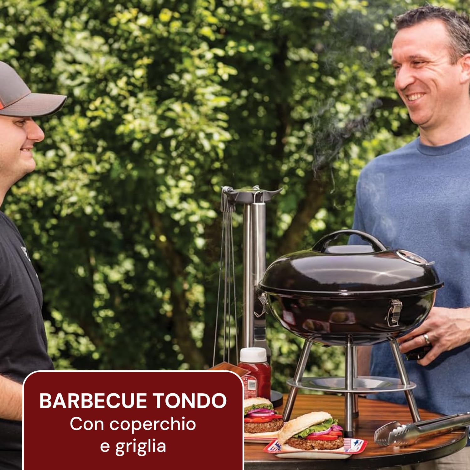 Grill okrągły z pokrywką 39 x 34 cm – idealny do gotowania mięsa i ryb w ogrodzie, na tarasie lub na kempingu - z grillem ze stali nierdzewnej i zestawem montażowym - odporny na warunki